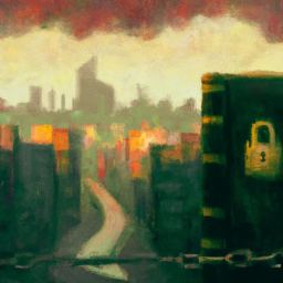 a dark cityscape with a forbidden book d 256x256 60913008